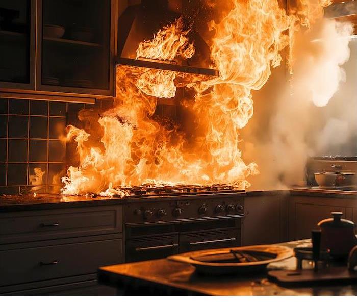 A cooking mishap results in a fiery kitchen disaster.