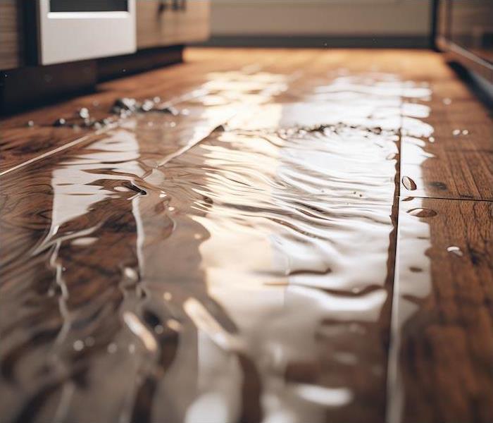 sewage water pooling on a kitchen floor after a leak