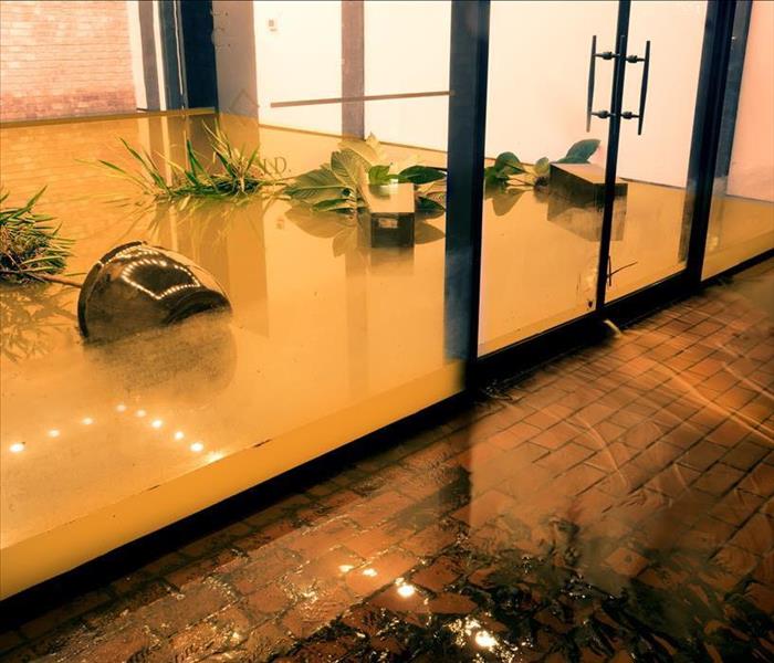 Water flowing through doors from a flooded office. Effects Tropical depression.